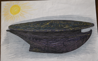 A naive felt-tip drawing of a flat disc-shaped world, lit like a city, riding on top of an enormous ship, sitting in the dark shadow behind a yellow sun.