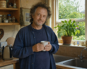 A smiling, kind-faced person in a cosy sunlit kitchen, holding a mug of tea in both hands, a pot plant and a window onto a green garden behind them, looking warmly at the camera.